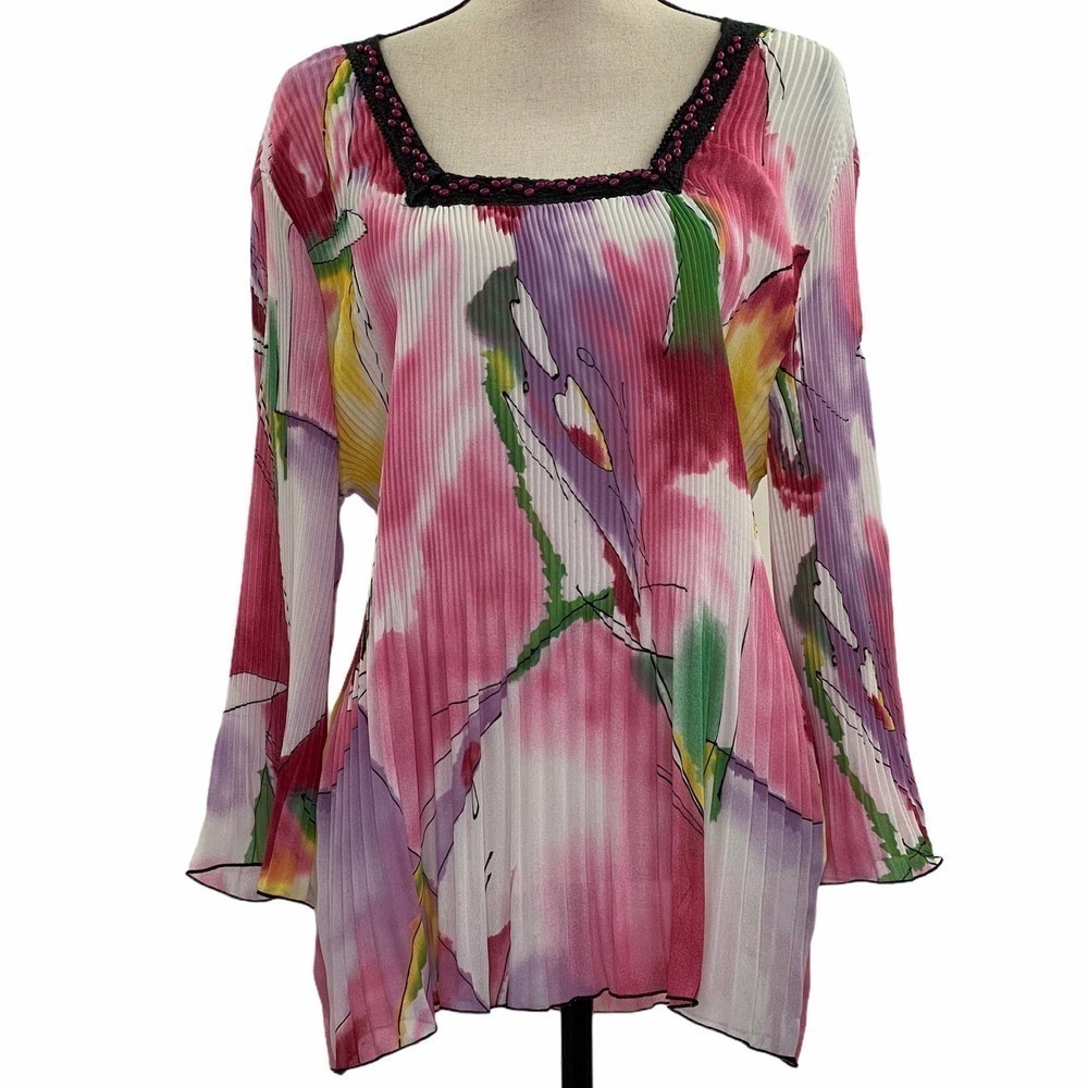 NICOLA Watercolor Beaded Scrunch Blouse Size Large